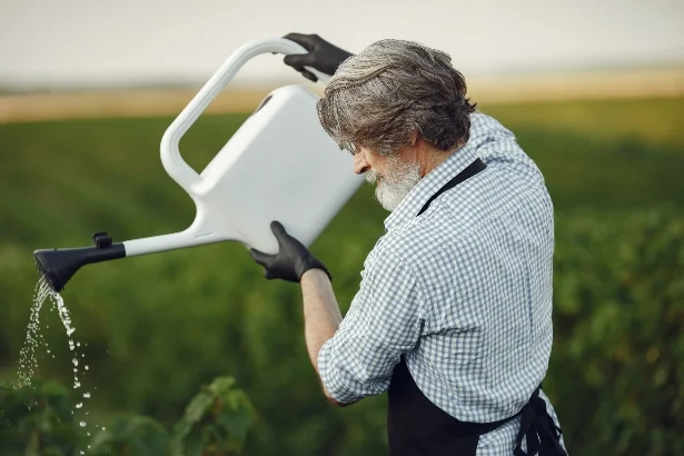 Agriculteur arrosant ses plants à l'aide d'un arrosoir