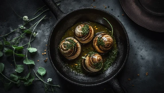 Plat gastronomique composé de 4 escargots sur une assiette noire