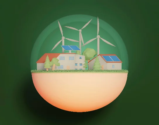 Illustration représentant la transition énergétique : une ville verte alimentée par le solaire et l'éolien