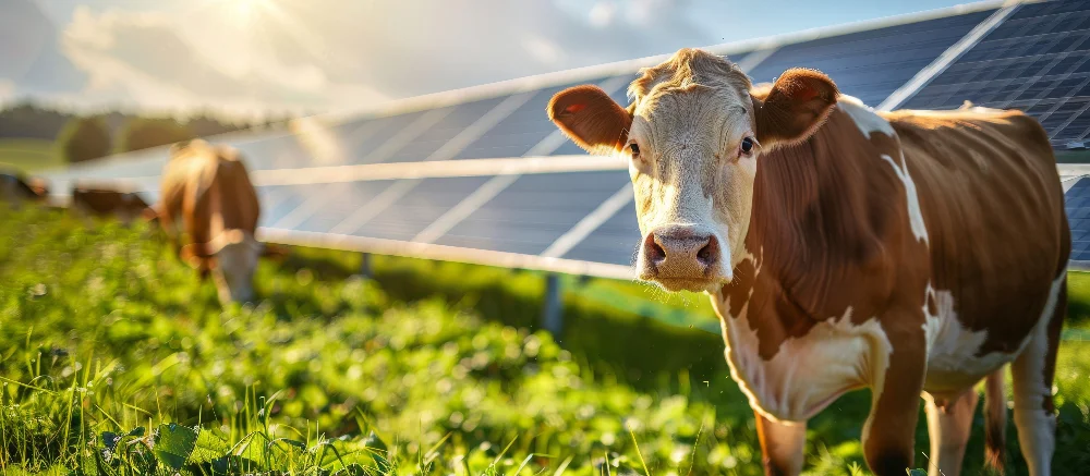 Vache située devant des panneaux solaires