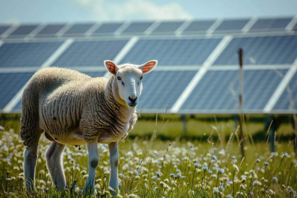 Mouton dans un pâturage recouvert de panneaux solaires dans le cadre d'un projet d'agrivoltaïsme