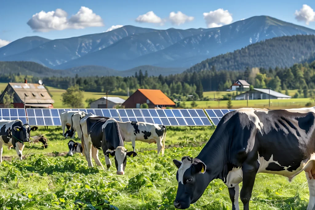 Vaches broutant dans un pré de panneaux solaires