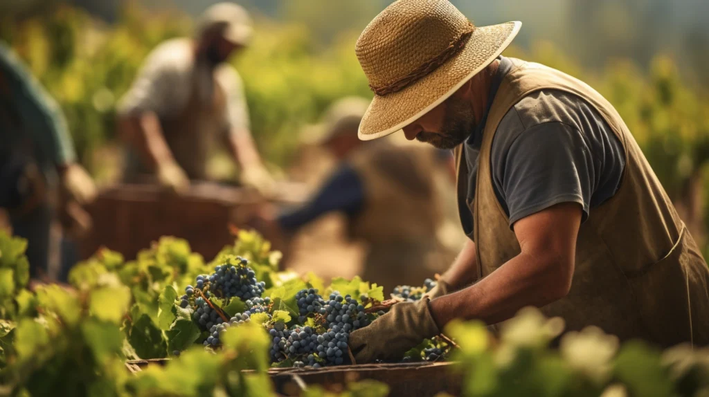 agriculteurs cueillant des raisins
