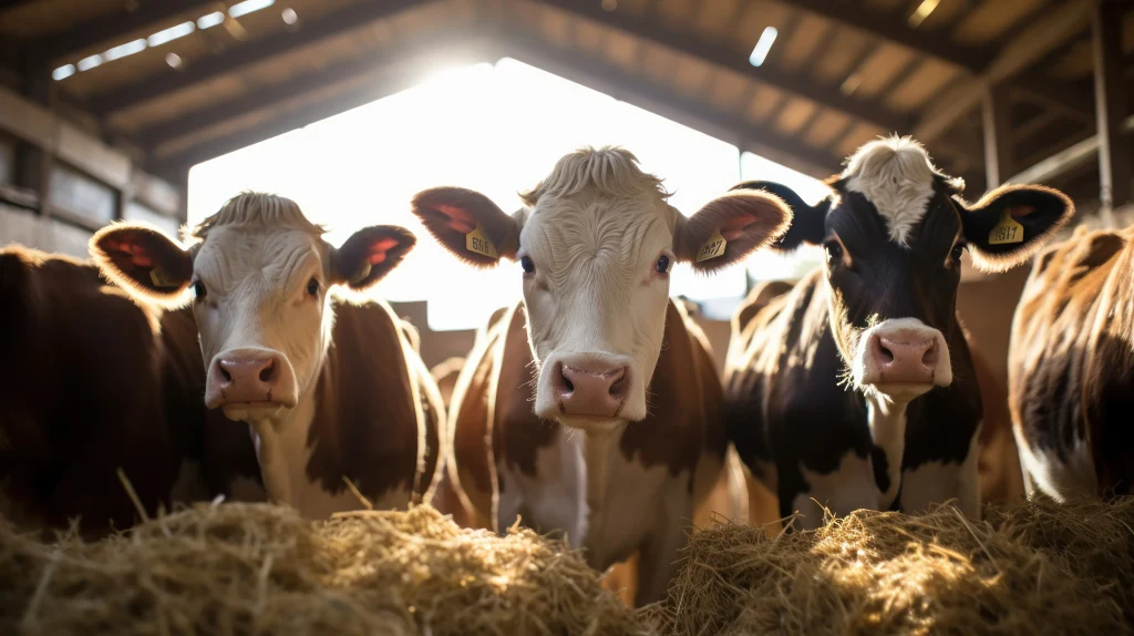 groupe de vaches à l'intérieur d'une grange avec du foin