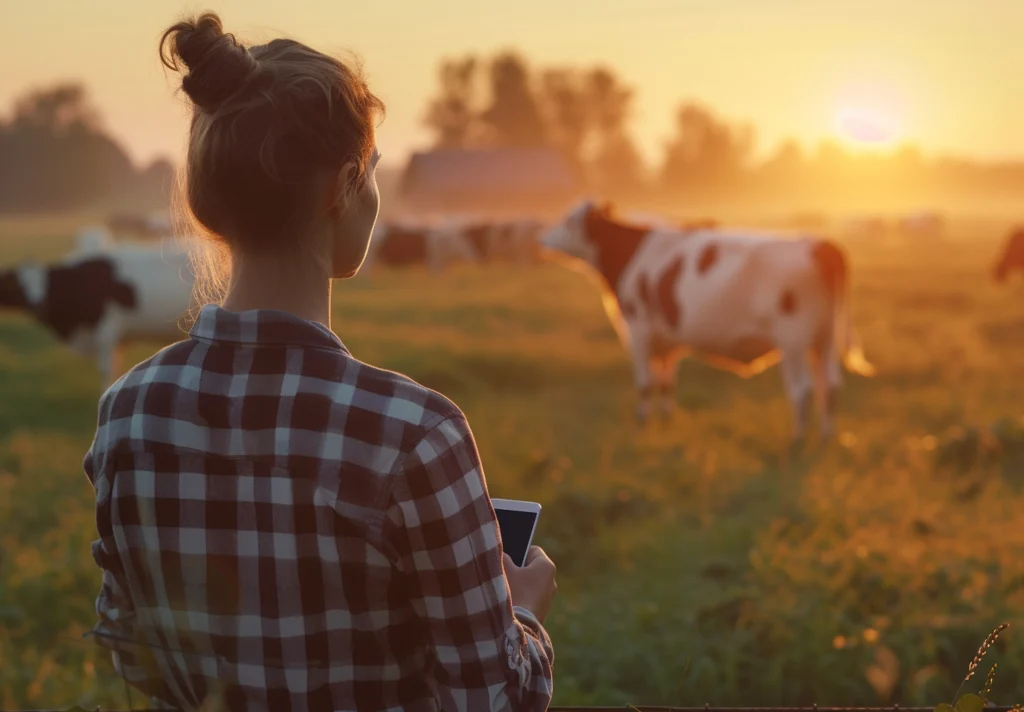 éleveuse regardant ses vaches dans un champ