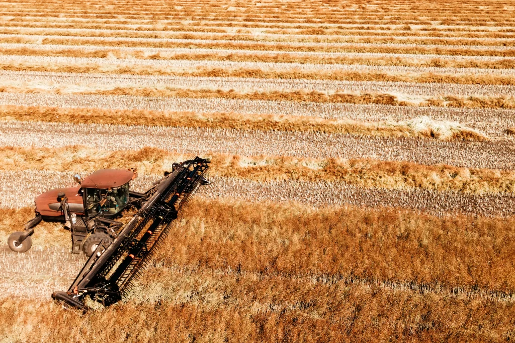 vue aérienne d'une moissonneuse dans un champ