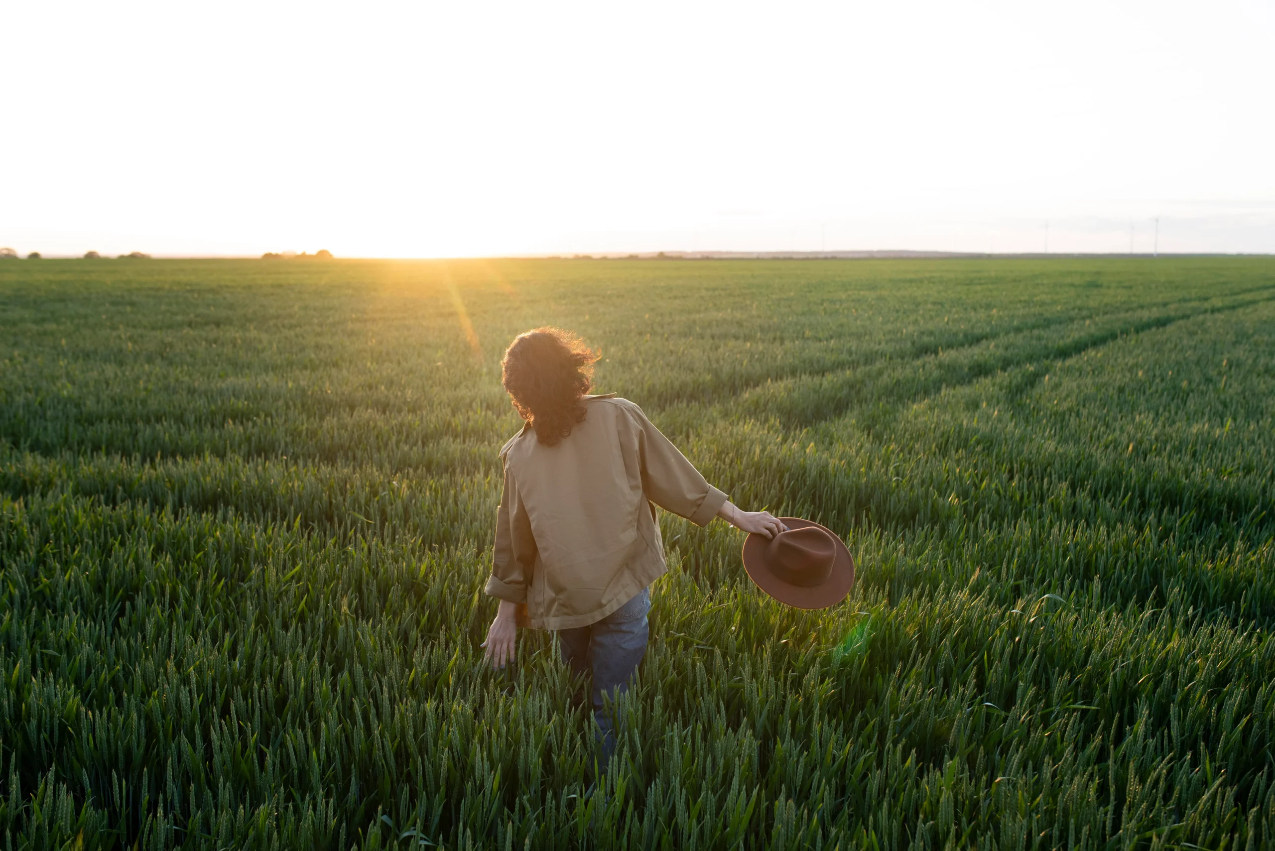 une femme dans un champs avec du soleil